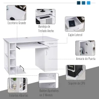 HOMCOM Mesa Escritorio para PC Mesa de Ordenador con Estantes abiertos y baldas Ajustables Armario Soporte para CPU y Bandeja Extraíble 120x60x74 cm Blanco(m-4)