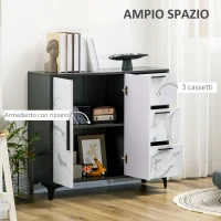 HOMCOM Mobile Dispensa a 2 Ante e 3 Cassetti in MDF e Acciaio per Soggiorno, Cucina e Studio, 90x30x80 cm, Bianco e Nero(m-5)