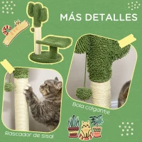 PawHut Árbol Rascador de Cactus para Gatos de 55,5 cm Torre para Gatos con Postes de Sisal Cama y Bola 35x31x55,5 cm Verde(m-6)