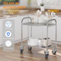 HOMCOM Carrello Cucina 2 Ripiani, Carrello con Ruote Portatutto, Carrello Portavivande in Acciaio Inox, 80x45x82cm, Argento(m-7)