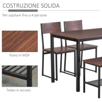 HOMCOM Set Tavolo da Pranzo con 2 Sedie Stile Industriale e Panca 2 Posti in Legno e Metallo per Soggiorno e Cucina Nero e Marrone(m-5)