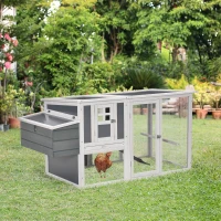 PawHut Chicken Coop with Run Rabbit Hutch Wooden Poultry Cage Hen House w/ Nesting Box Removable Tray Openable Roof Grey 162 x 76.5 x 79.5cm(m-10)