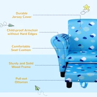 HOMCOM Toddler Chair Children's Armchairs Wood Frame w/ Footrest Anti-Slip Legs High Back Arms for Bedroom Playroom Cute Cloud Star Blue(m-7)