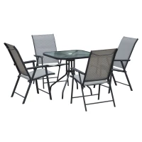 Outsunny Garden Patio 5pcs Dining Set Outdoor Furniture 4 Folding Chairs, Glass Top Table with Parasol Hole, Texteline Seats Grey(m-1)