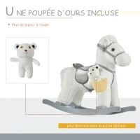 HOMCOM Cheval à bascule bébé de 18 à 36 mois en bois avec effet sonore ours en peluche gratuit 65 x 26 x 55 cm blanc(m-8)