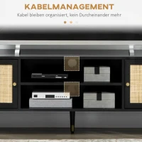 HOMCOM TV-Bank im Boho-Design, TV-Schrank, Rattanelemente, 1 Regalboden, 2 Schränke, Schwarz + Natur(m-6)
