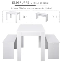 HOMCOM Essgruppe mit 2 Bänken, 3-teilige Esszimmergruppe, Küchentisch, Esszimmergarnitur Sitzgruppe Tischgruppe, Weiß, 110x70x75 cm (Tisch), 86x30x44,8 cm (Bank)(m-6)