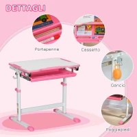 HOMCOM Banco Scuola per Bambini 6-12 Anni con Sedia e Altezza Regolabile, Piano Inclinabile, 66x47x52-77 cm, Rosa(m-5)
