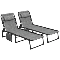 Outsunny Portable Sun Lounger Set of 2, Folding Camping Bed Cot, Reclining Lounge Chair 5-position Adjustable Backrest with Side Pocket, Pillow for Patio Garden Beach Pool, Mixed Grey(m-1)