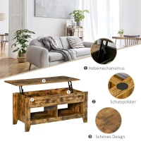 HOMCOM Couchtisch Beistelltisch Kaffeetisch Sofatisch aufklappbar mit höhenverstellbarer Platte mit Aufbewahrung Regal für Wohnzimmer Rustikales Braun 105 x 50 x 49 cm(m-6)