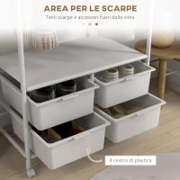 HOMCOM Stand Appendiabiti con Scarpiera a 4 Cesti e 8 Ganci, in Acciaio e Plastica, 63x37x153 cm, Bianco(m-6)