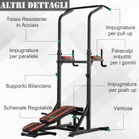 HOMCOM Power Tower Pieghevole, Stazione Fitness Multifunzione Regolabile in 7 Posizioni con Sbarra Trazioni, Dip Station, Pull UP Station e Panca Piana in Acciaio, per Home Gym Casa, Portata 150kg(m-4)