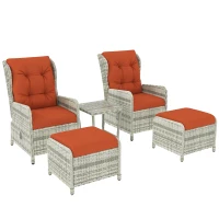 Outsunny 5 Pieces Rattan Bistro Set with Adjustable Back, Reclining Wicker Balcony Furniture with Cushions, Glass Top Coffee Table and Footstools, Outdoor Table and Chairs, Orange(m-1)