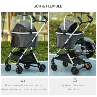 PawHut Poussette pour chiens 3 en 1 pliable panier de transport avec poignée habillage de pluie 77 x 44 x 100 cm gris(m-5)