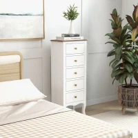 HOMCOM Chiffonnier 5 tiroirs, Meuble de rangement compact blanc avec poignée bouton effet laiton(m-8)