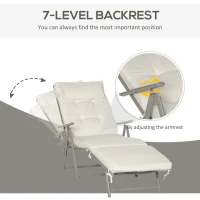 Outsunny Sun Lounger Steel Frame Outdoor Folding Chaise Texteline Lounge Chair Recliner with Headrest & 7 Levels Adjustable Backrest, Cream White(m-4)