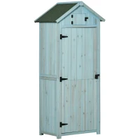 Outsunny Gartenschrank Holz, Geräteschuppen wetterfest 77x54,2x179cm, Gerätehaus mit Tür, Satteldach, Geräteschrank mit Böden, Werkzeugschrank Gartenschuppen für Garten, Terrasse, Hellblau+Grün(m-1)