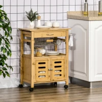 HOMCOM Carrello da Cucina con Cassetto, Armadietto e Cestino Estraibile in Legno con Ruote Girevoli, 66x36x79cm(m-2)
