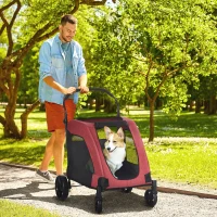 PawHut Dog Stroller 4 Wheels Pet Trolley Carrier Mesh Windows for Medium Large Dogs Traveling Red(m-2)