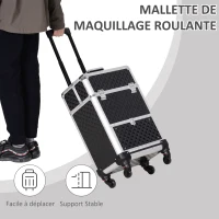 HOMCOM Valise trolley maquillage mallette cosmétique vanity poignée télescopique réglable 34L x 25l x 62H cm alu. noir(m-4)