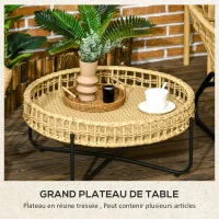Outsunny Table basse de jardin ronde avec plateau en résine tressée aspect rotin et piètement en métal noir - 68 x 68 x 30 cm(m-4)
