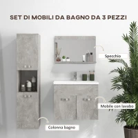 kleankin Set Mobili Bagno da 4 Pezzi con Lavabo da 60cm, Mobiletto, Colonna Bagno e Specchiera in Legno, Grigio(m-4)