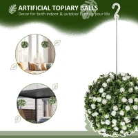 HOMCOM Set of 2 Decorative Artificial Plants, UV-protected Artificial Plant Topiary Rose Balls, Fake Plants for Home Indoor outdoor Decor, 28cm, White(m-4)