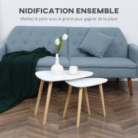 HOMCOM Lot de 2 tables basses gigognes design scandinave pieds en bois et plateau en bois, blanc(m-4)