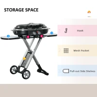 Outsunny Foldable Gas BBQ Grill 2 Burner Garden Barbecue Trolley w/ Lid Side Shelves Storage Pocket Piezo Ignition Thermometer, Aluminium Alloy(m-6)