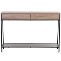 HOMCOM Console Table Worktop Bottom Shelf Home Two Drawer Industrial Minimal Style Oak Wood Tone Effect(m-11)