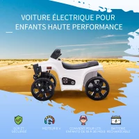 HOMCOM Voiture 4x4 Quad Buggy électrique Enfant 18-36 Mois 6 V 3 Km/h Max. Effet Lumineux sonores métal PP Blanc Noir(m-4)