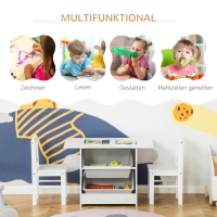 HOMCOM 3-tlg. Kindersitzgruppe mit 1 Kindertisch 2 Stühle Sitzgruppe mit Stauraum Kindermöbel für Kleinkind ab 2 Jahre Weiß+Grau 71 x 48 x 49,5 cm(m-4)