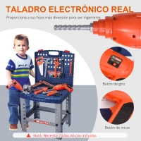 HOMCOM Banco de Herramientas para Niños +3 Años con 68 Piezas Desmontable Portátil Juego de Imitación con Maletín de Herramientas Taladro Martillo 40x43x72 cm Azul y Gris(m-5)