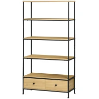 HOMCOM Bibliothèque étagère à 5 niveaux 2 tiroirs style industriel aspect bois et acier 80 x 30 x 161 cm naturel noir(m-10)
