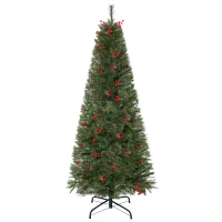 HOMCOM 5ft Pencil Artificial Christmas Tree with Realistic Branches, Red Berries, Auto Open, Green(m-1)