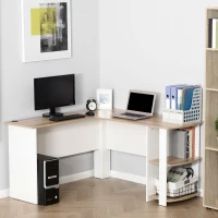 HOMCOM Bureau informatique bureau d'angle contemporain avec étagères en panneaux de particules idéal pour maison dortoir 136 x 130 x 72 cm bicolore imitation noyer clair blanc(m-2)