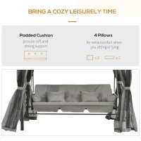 Outsunny 3 Seater Swing Chair 3-in-1 Convertible Garden Swing Seat Bed Gazebo Patio Bench Outdoor with Double Tier Canopy, Cushioned Seat, Mesh Sidewalls, Grey(m-8)