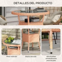 Outsunny Mesa de Ratán Ø80x75 cm Mesa de Jardín con Estante Patas Ajustable Encimera de Cristal y Marco de Acero Natural(m-7)