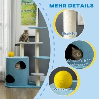PawHut Kratzbaum mit Kratztonne inkl. Kratzball für Katzen, 87 cm x 60 cm x 122 cm, Blau + Grau + Gelb(m-6)