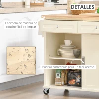 HOMCOM Carrito de Cocina Multifuncional con Ruedas 2 Puertas Correderas 2 Cajones y Barra de Colgar 110x49,5x89,5 cm Crema(m-6)