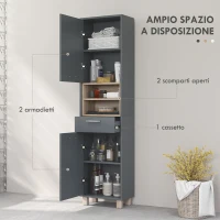 HOMCOM Colonna Bagno Moderna con Cassetto e Armadietti in Legno e Lega di Alluminio, 40x24x160 cm, Grigio(m-4)