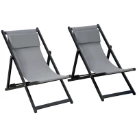 Outsunny Set of 2 Folding Garden Beach Aluminium Frame Deck Chairs Deckchairs Seaside Folding Garden Patio Lounger, Grey(m-1)