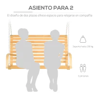 Outsunny Banco Columpio de Madera de 2 Plazas Tipo Balancín Colgante Carga Máx. 250 kg para Jardín Terraza Balcón Exterior 141,5x51x78 cm Natural(m-4)