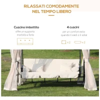 Outsunny Dondolo 3 Posti e Lettino Singolo Copertura a Gazebo con Zanzariera e Cuscini 256x172x248cm Crema(m-5)
