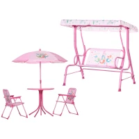 Outsunny 4-teiliges Gartenmöbel-Set für Kinder, mit Hai-Motiv, 1 Hollywoodschaukel, 2 Stühle, 1 Sonnenschirm mit Tisch, Rosa(m-10)