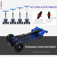 HOMCOM Patinete para Niños Scooter Plegable con Altura Ajustable de 4 Niveles y Música Luces y Nebulizador de Agua +3 Años 62x27x63-81 cm Azul(m-5)