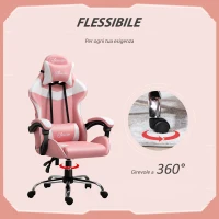 Vinsetto Sedia da Gaming Ergonomica con Poggiatesta, Altezza Regolabile e Reclinabile, Poltrona Girevole con Ruote, 63x67x119-127cm, Rosa(m-6)