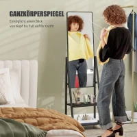 HOMCOM Rollbarer Ganzkörperspiegel mit 2 Regalen und 4 Rädern, für Schlafzimmer, Wohnzimmer, Flur, Schwarz(m-4)