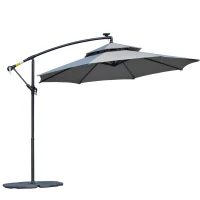 Outsunny 3(m) Cantilever Banana Parasol Hanging Umbrella with Double Roof, LED Solar lights, Crank, 8 Sturdy Ribs and Cross Base for Outdoor, Garden, Patio, Light Grey(m-12)