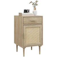HOMCOM Bedside Table, Rattan Side Tables with Drawer, Cabinet and Adjustable Shelf, Boho Bedside Cabinet with Storage for Bedroom, Living Room, Natural Wood Effect(m-1)